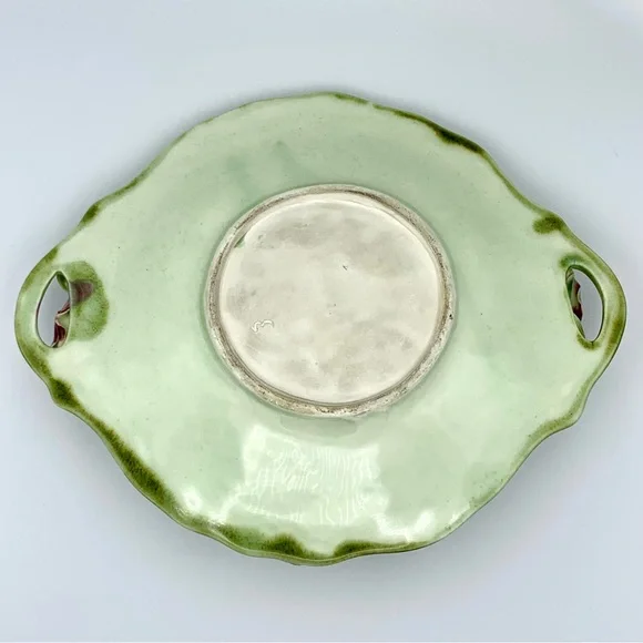 Vintage Majolica Pottery Platter 12” Green Leaves Pink Capodimonte Raised Roses - Picture 11 of 16